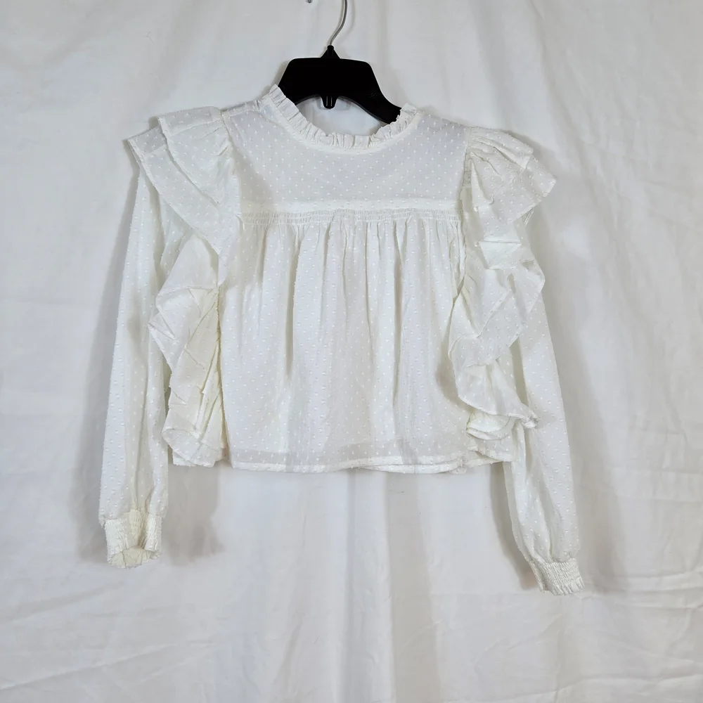 GB Girls White Cottage Ruffle Long Sleeve‎ Swiss Dot Lined Boho Blouse Large NWT